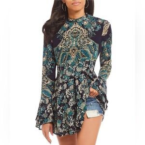 Free People Women’s Lady Luck Tunic Bell Sleeve Blue Green Size S